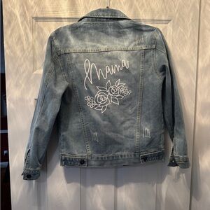 Mama floral distressed denim jacket s/m Mother’s Day light wash